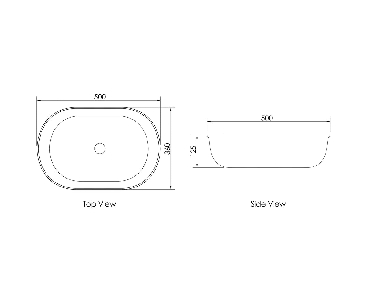 Otti Bronte Oval 500x350x130 Gloss White Basin technical drawing