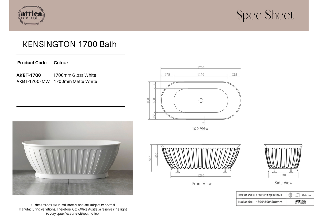 Attica Kensington 1700 Matte White Bath specification sheet