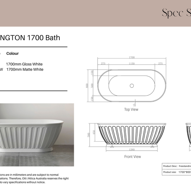 Attica Kensington 1700 Matte White Bath specification sheet