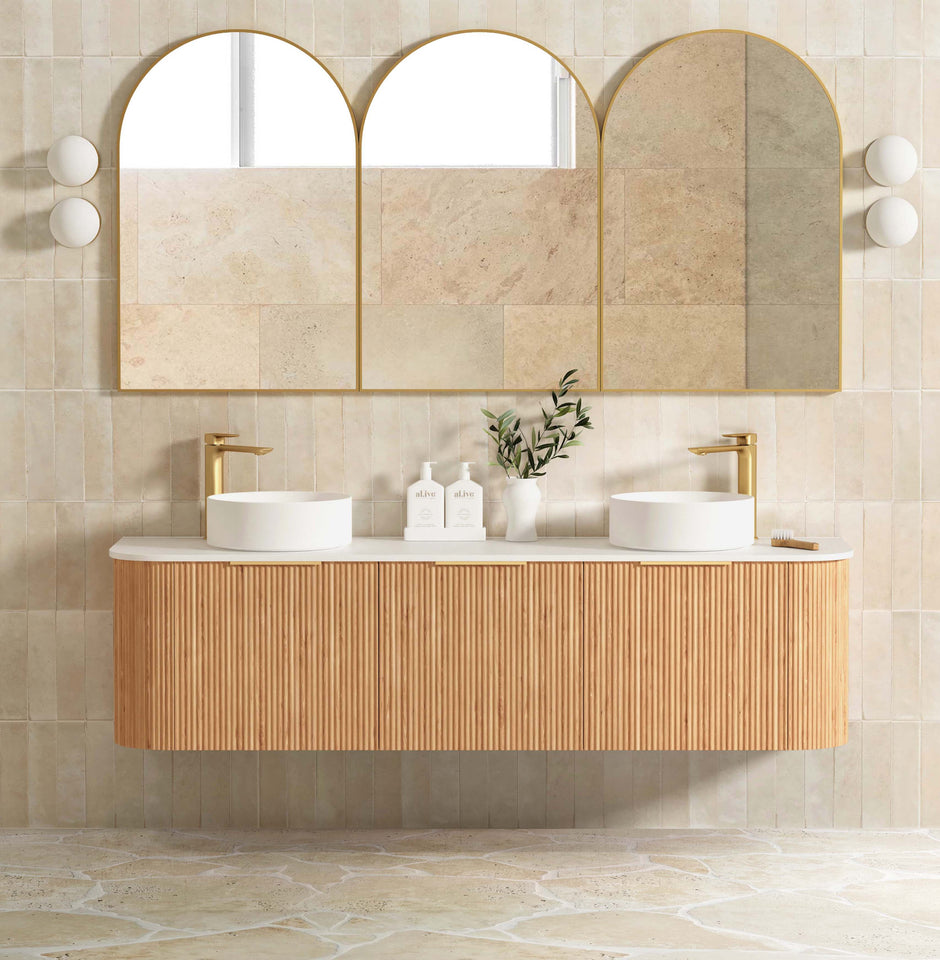 Bondi 1800mm Woodland Oak Fluted Curve Vanity Ultra Delux Stone Top (Silica Free Cloudy Carrara)