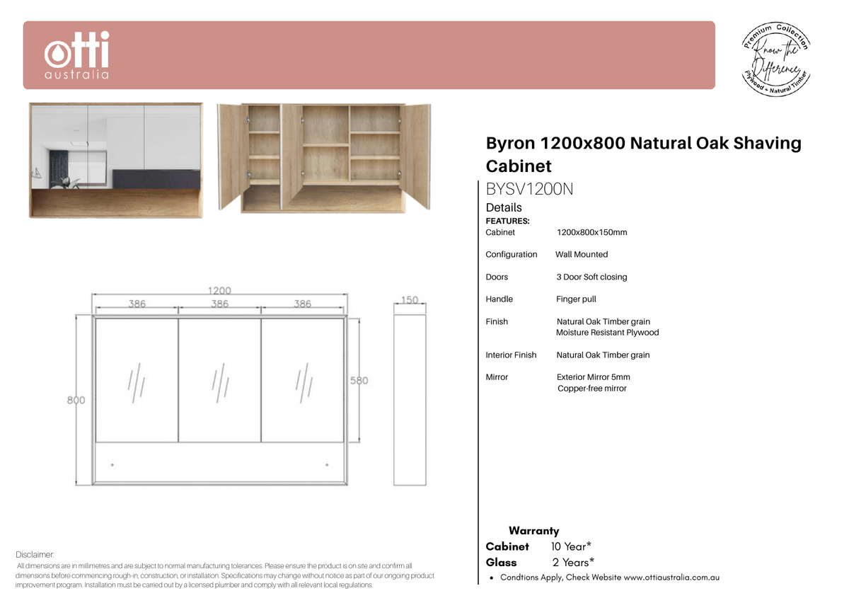 Byron 1200x800 Natural Oak Shaving Cabinet specification sheet