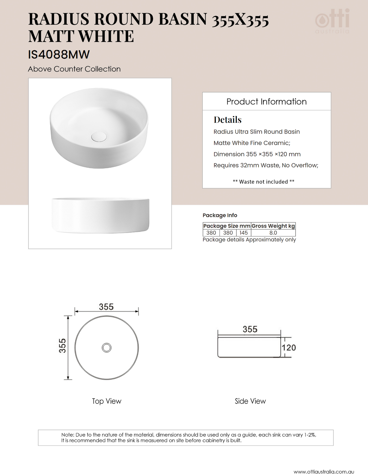 Artis 88 355x355x120 Matte White Basin specification sheet