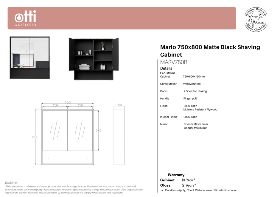Marlo 750x800 Matte Black Shaving Cabinet specification sheet