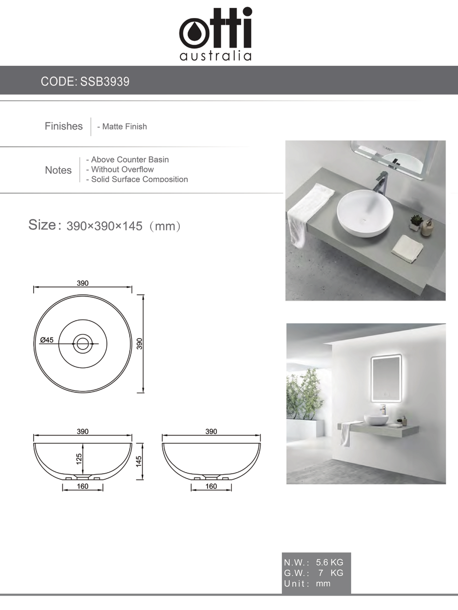 London Solid Surface 390x390x145 Matte White Basin NF specification sheet