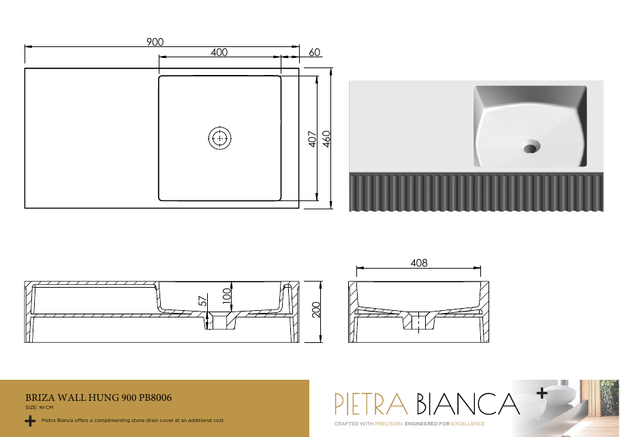 Pietra Bianca Briza Wall Hung 900mm Wall Hung Basin wall hung vanity