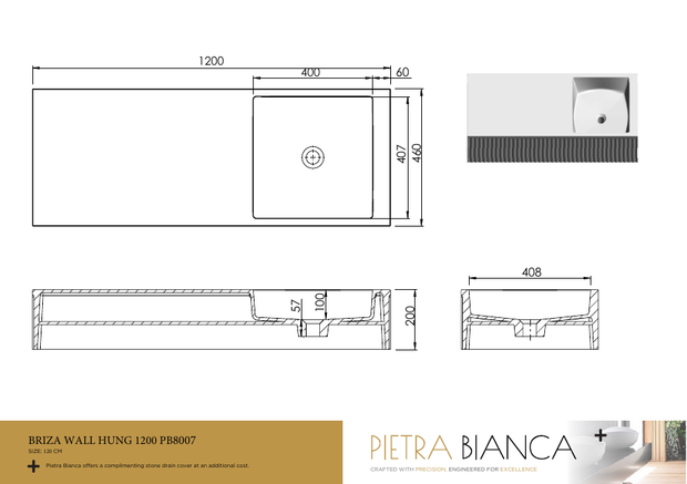 Pietra Bianca Briza Wall Hung 1200mm Wall Hung Basin wall hung vanity
