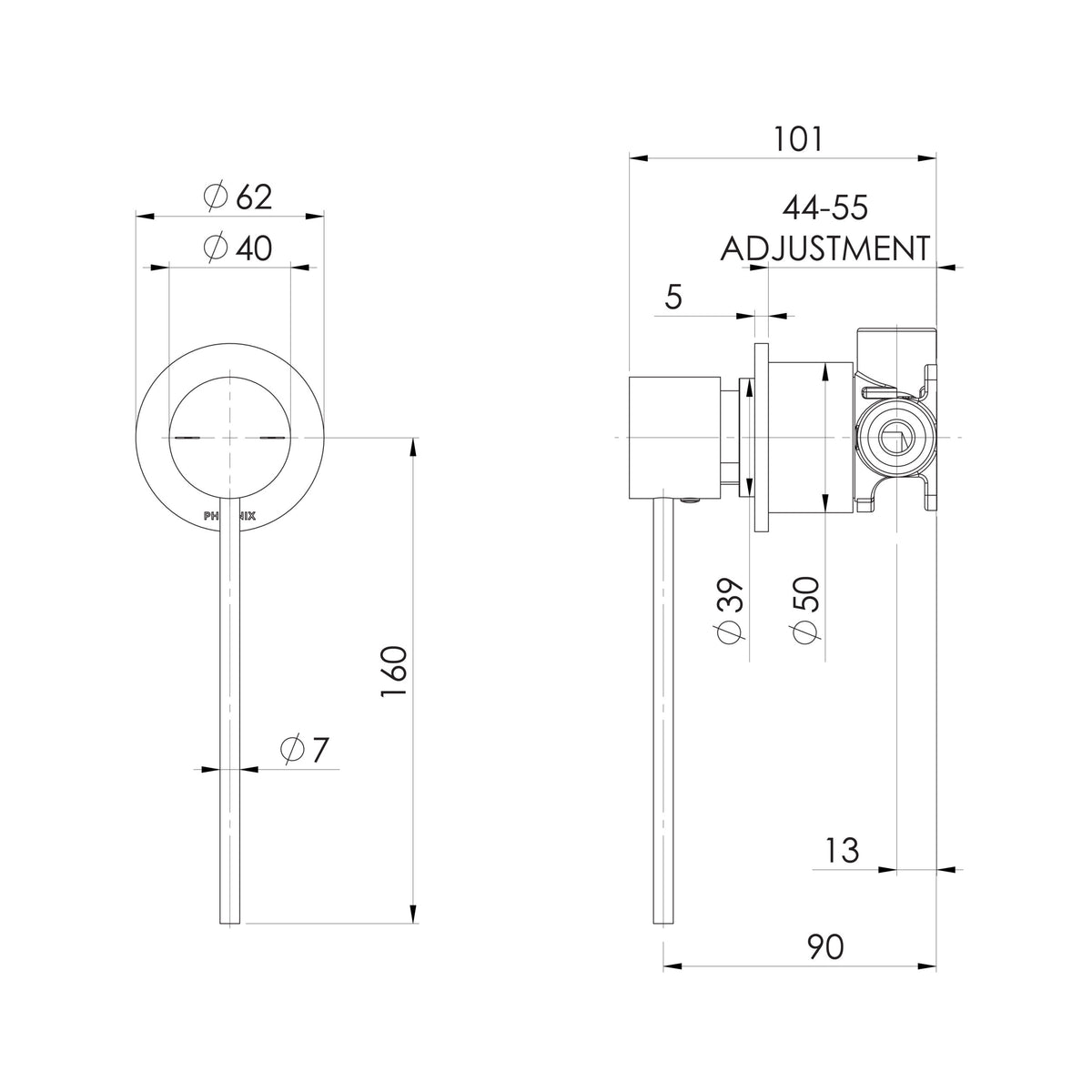 Vivid Slimline SwitchMix Shower Wall Mixer with 60mm Backplate and Extended Lever  scaled line drawing