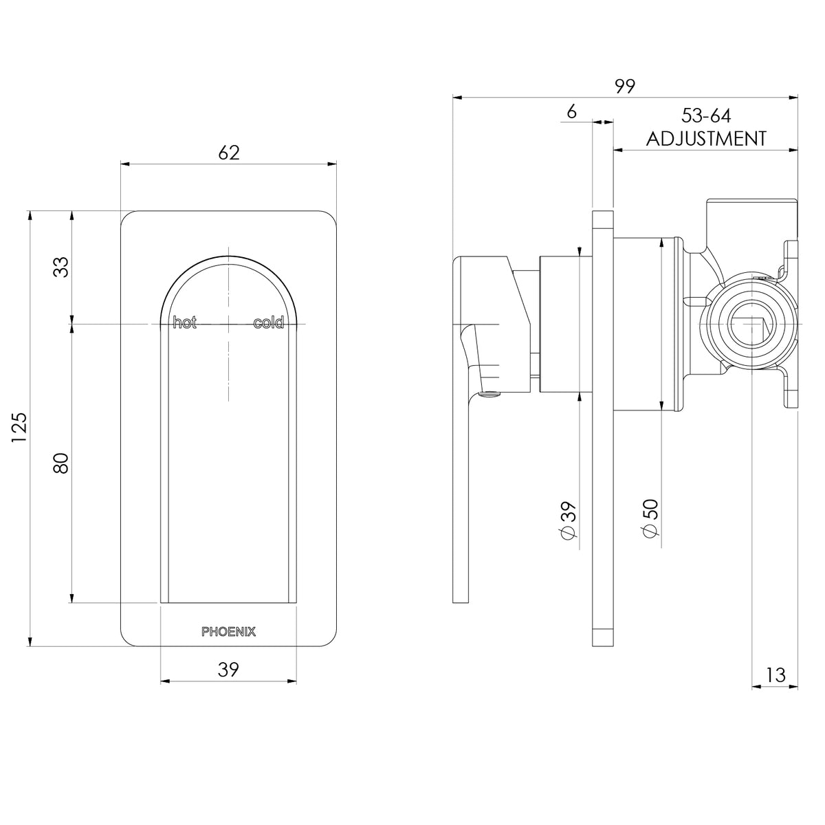 Teel SwitchMix Shower Wall Mixer Fit Off Kit line drawing