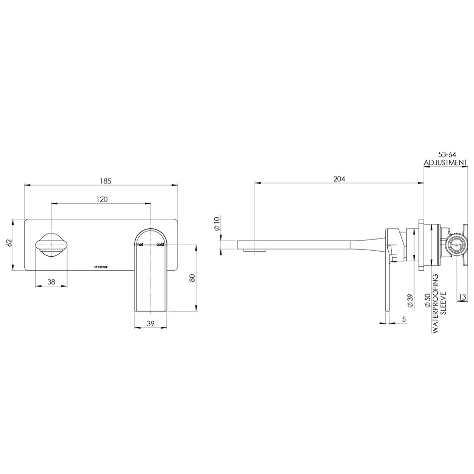 Teel SwitchMix Wall Basin Bath Mixer Set 200mm Fit Off Kit line drawing