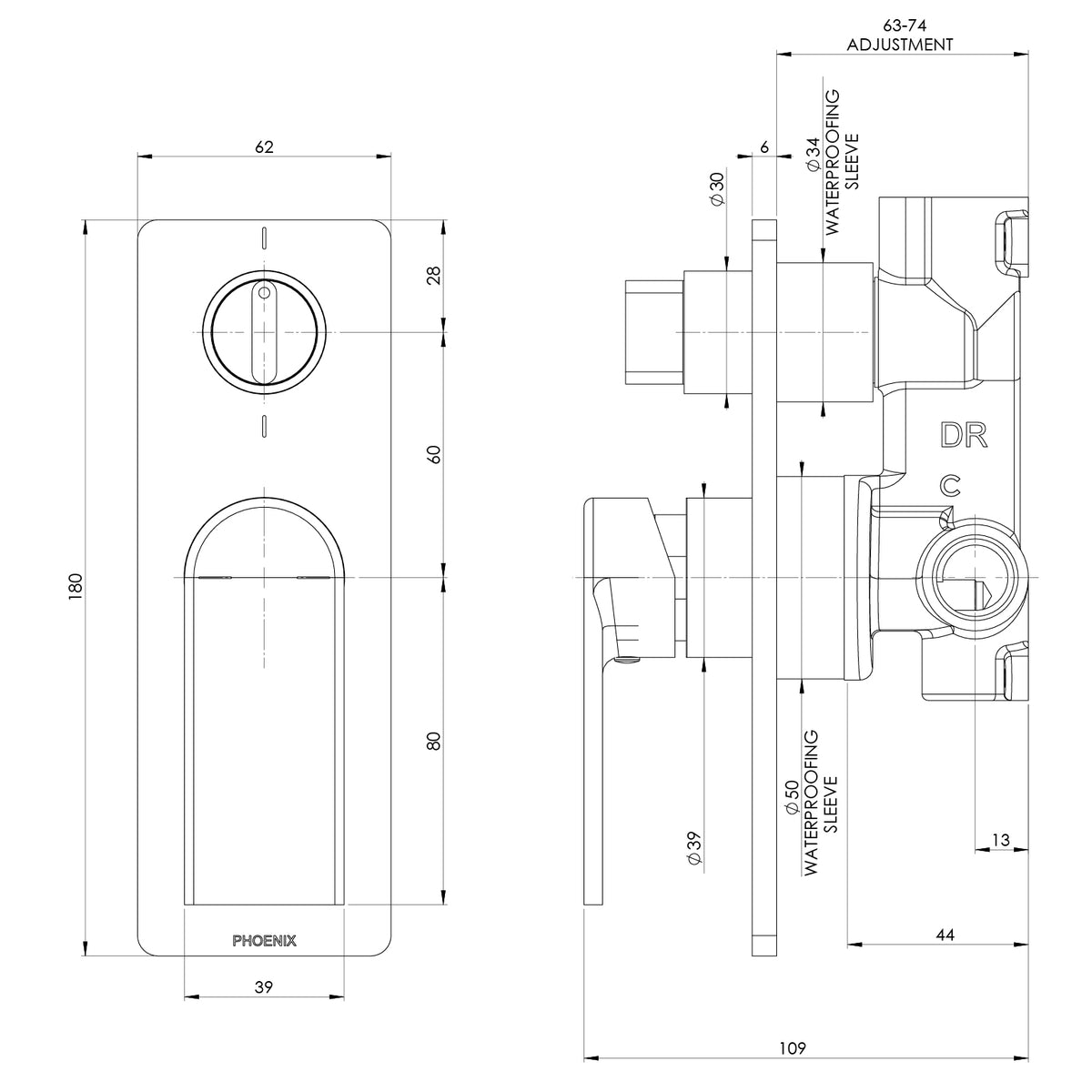 Teel SwitchMix Shower Bath Diverter Mixer Fit Off Kit line drawing