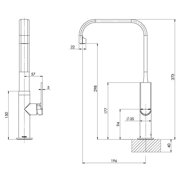 _Teel_Sink_Mixer_200mm_Squareline_Line_Drawing line drawing