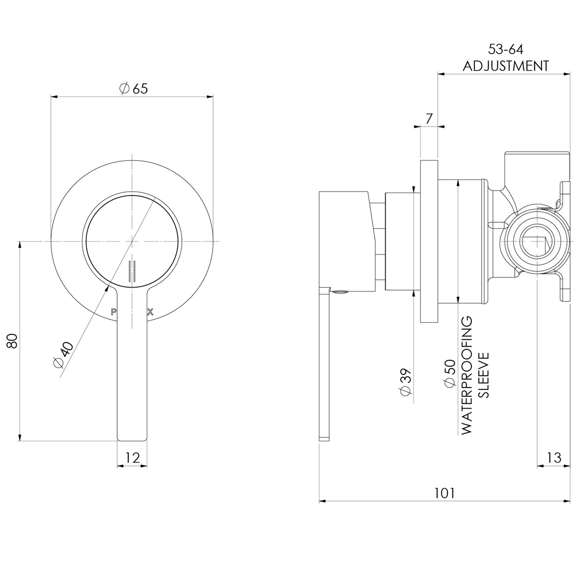 Lexi MKII SwitchMix Shower Wall Mixer Fit Off Kit line drawing