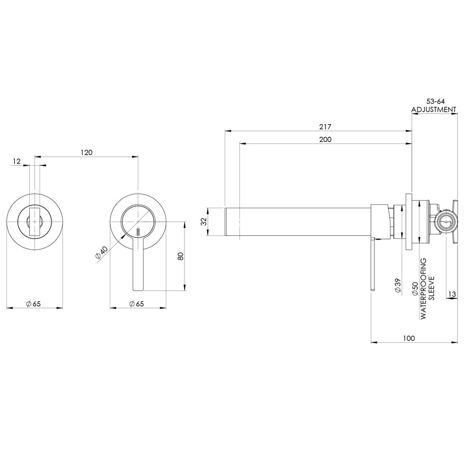 Lexi MKII SwitchMix Wall Basin Mixer Set 200mm Fit Off Kit line drawing