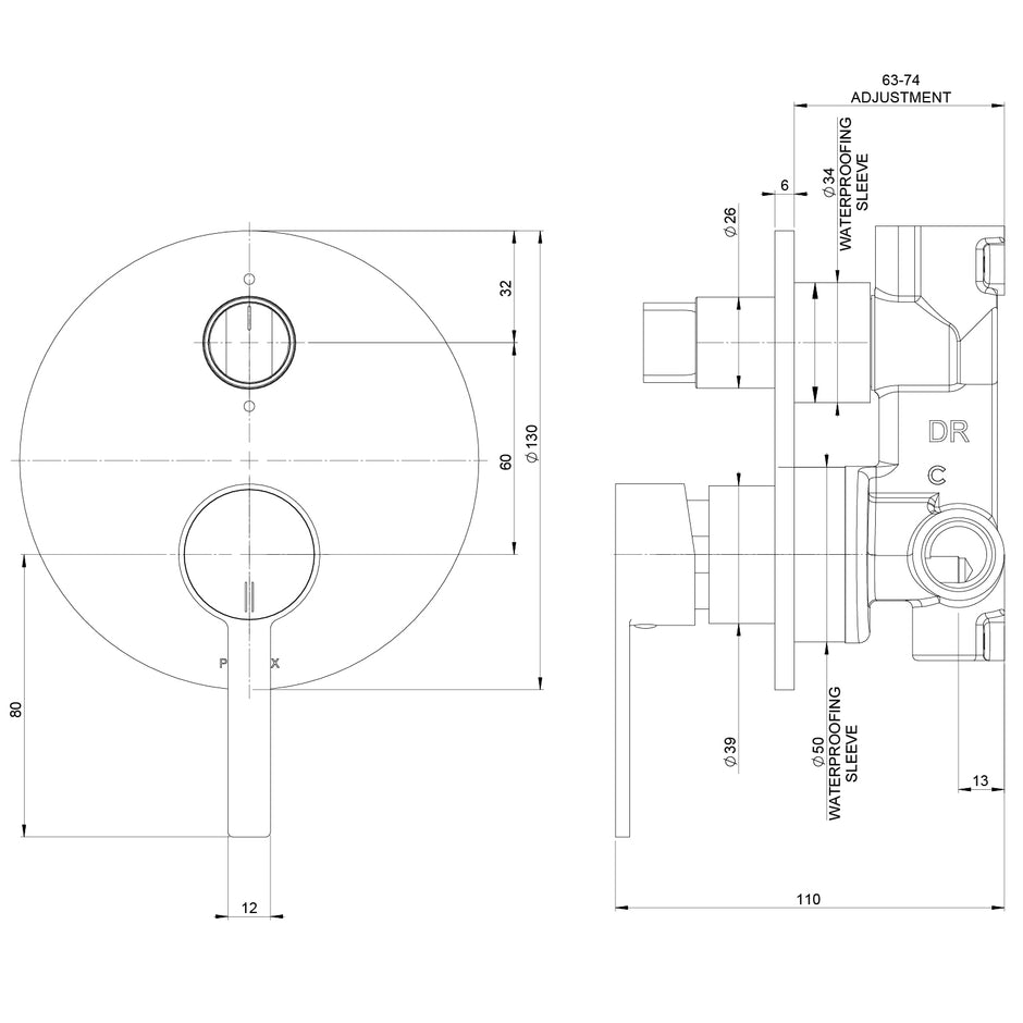 Lexi MKII SwitchMix Shower Bath Diverter Mixer Fit Off Kit line drawing