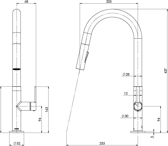 Lexi MKII Pull Out Sink Mixer line drawing