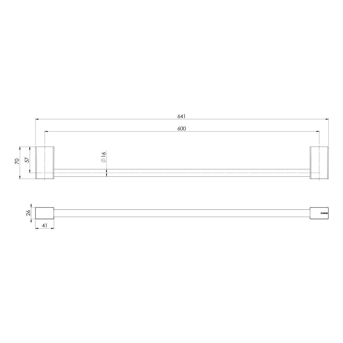 Lexi MKII Single Towel Rail 600mm line drawing