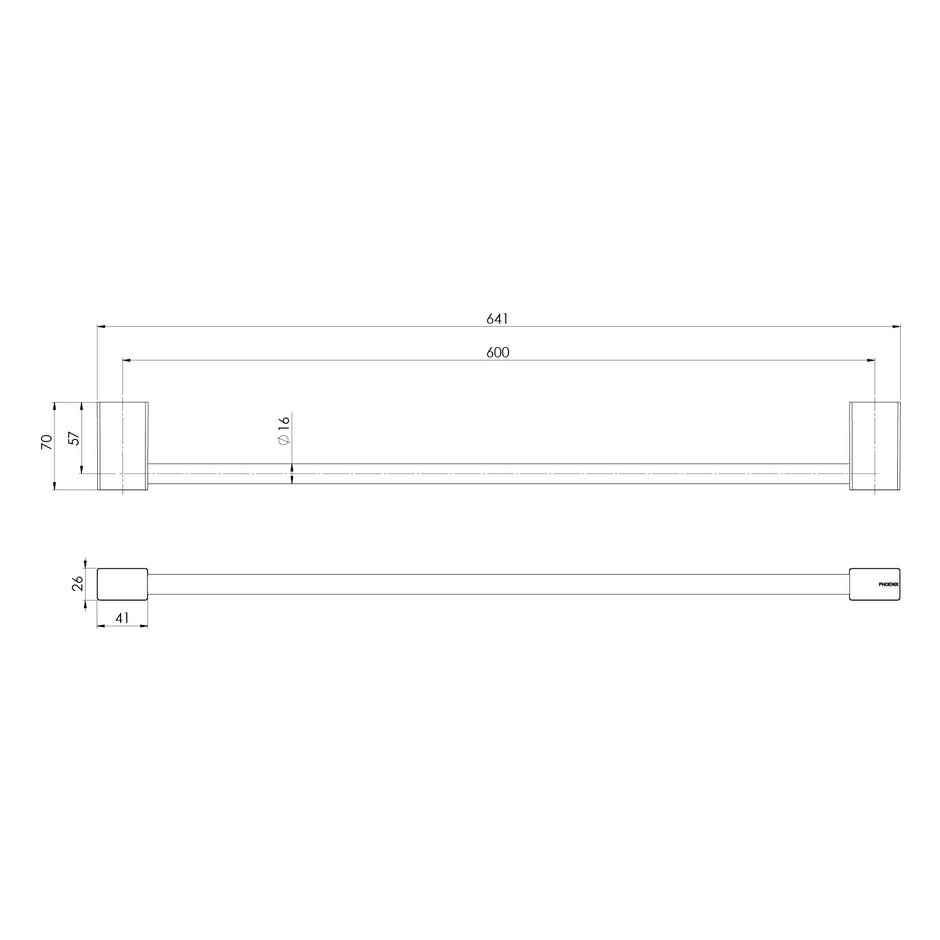 Lexi MKII Single Towel Rail 600mm line drawing