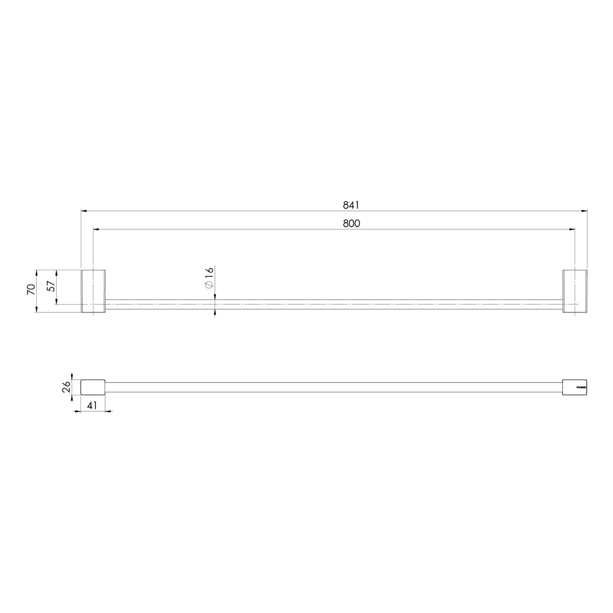 Lexi MKII Single Towel Rail 800mm line drawing