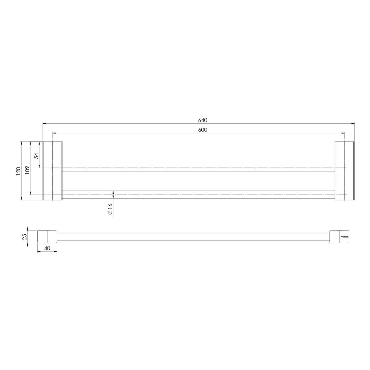 Lexi MKII Double Towel Rail 600mm line drawing