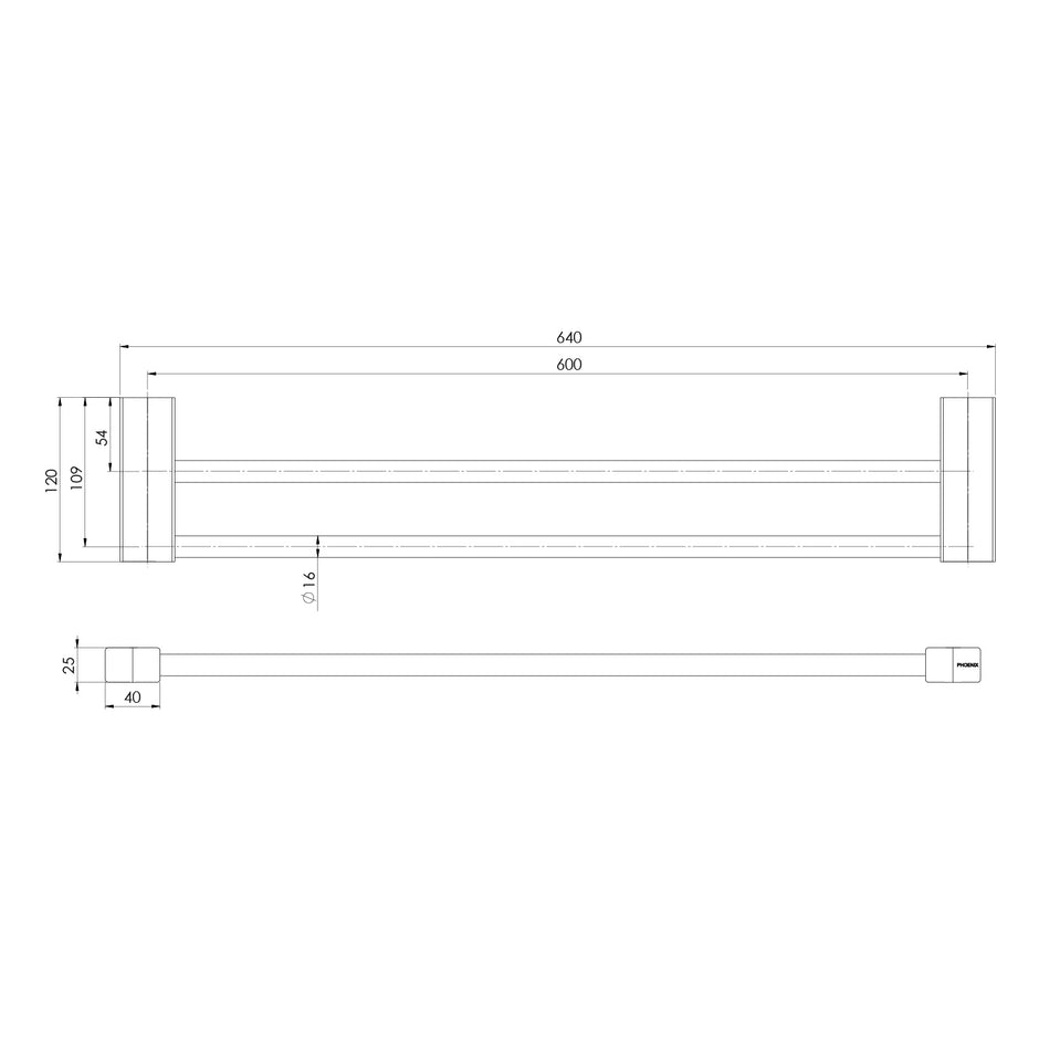 Lexi MKII Double Towel Rail 600mm line drawing