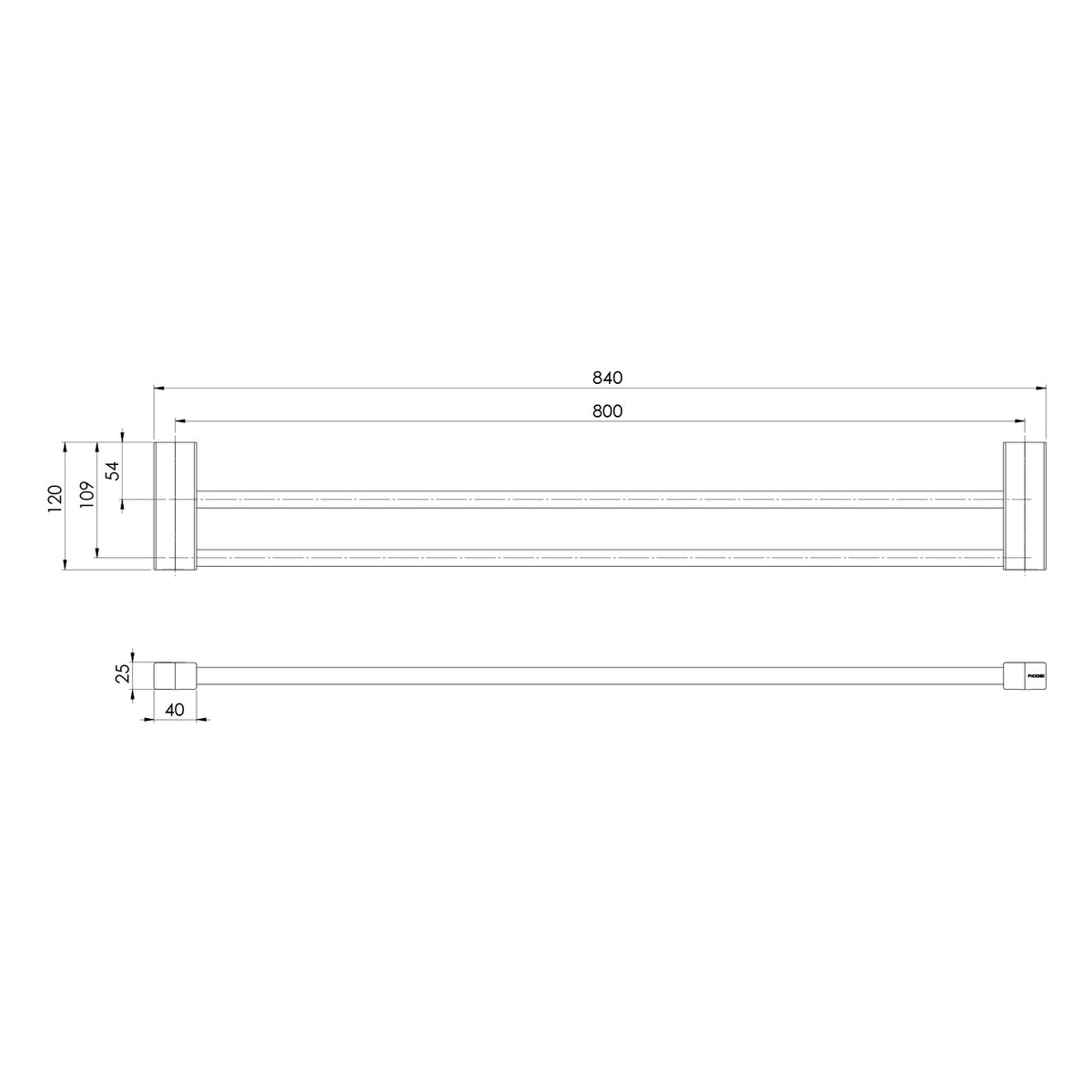 Lexi MKII Double Towel Rail 800mm line drawing