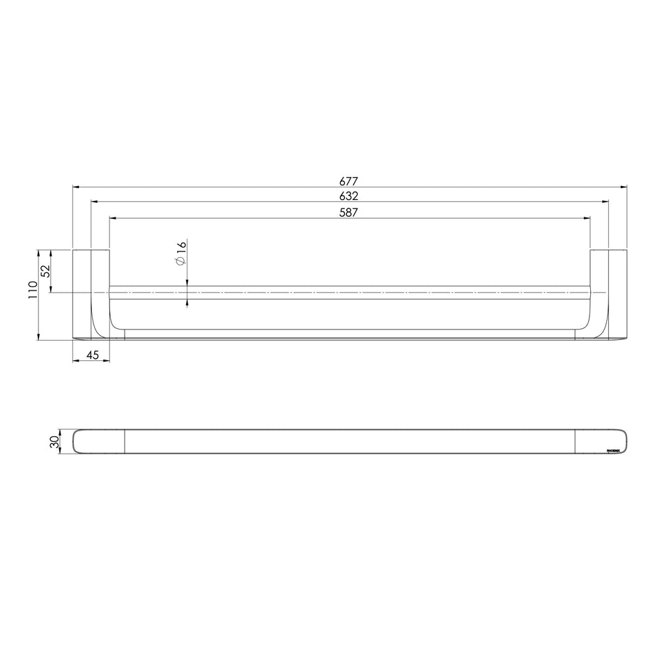 Nuage Double Towel Rail 600mm  scaled line drawing
