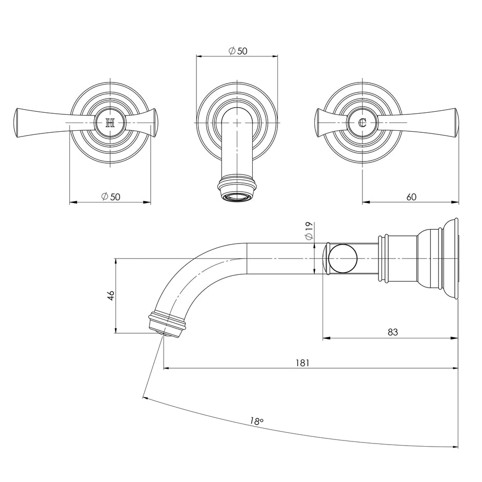 Cromford Wall Basin Set line drawing