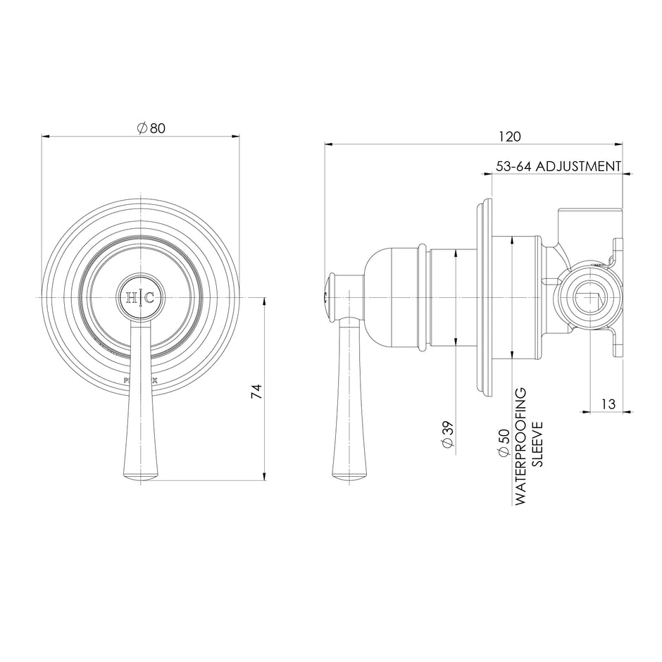 Cromford SwitchMix Shower Wall Mixer Fit Off Kit line drawing
