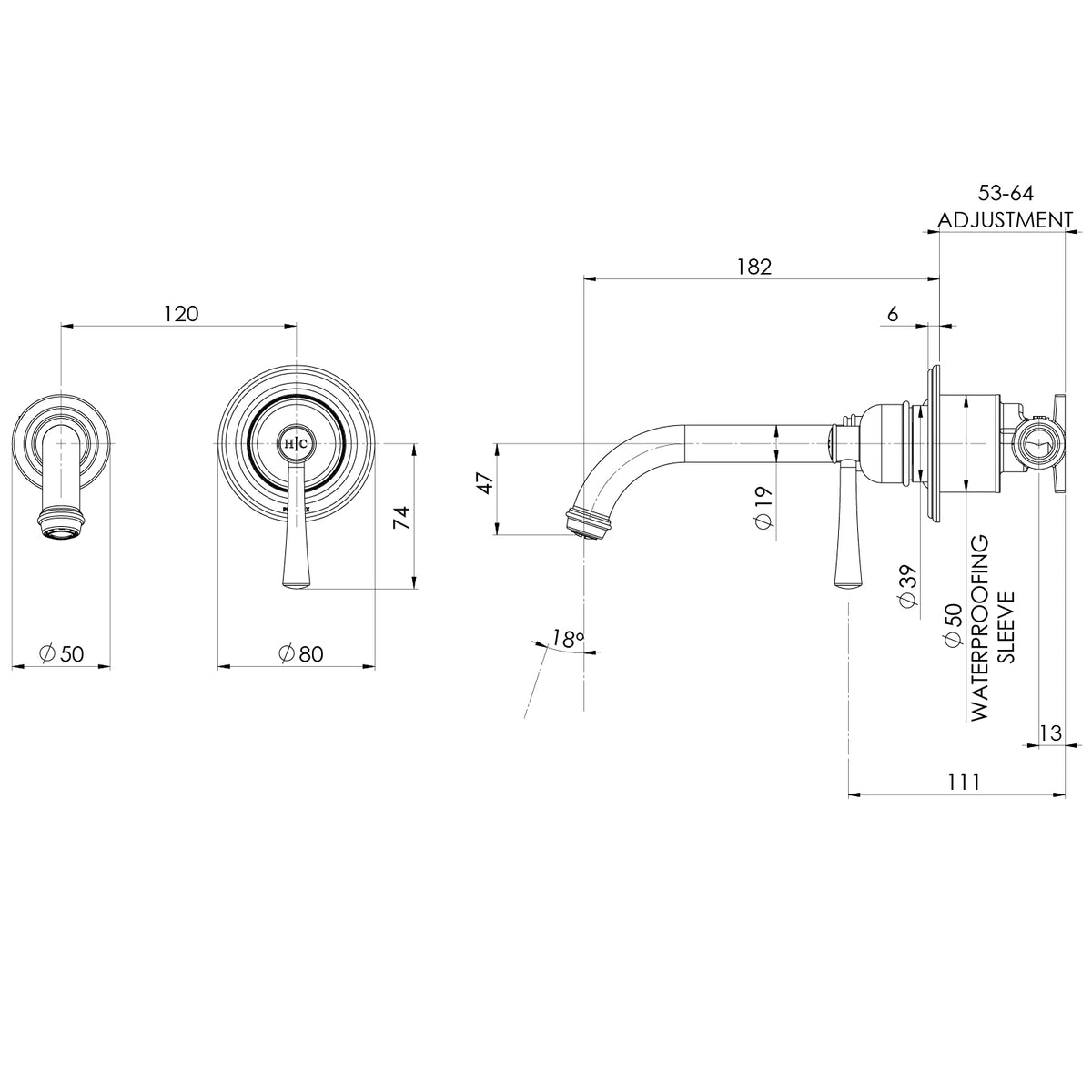 Cromford SwitchMix Wall Basin Bath Mixer Set 180mm Fit Off Kit line drawing