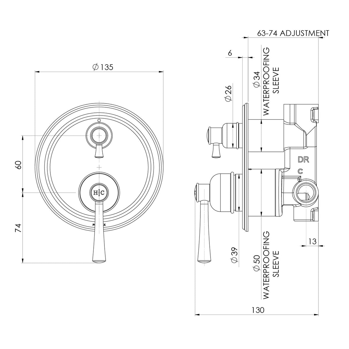 Cromford SwitchMix Shower Bath Diverter Mixer line drawing