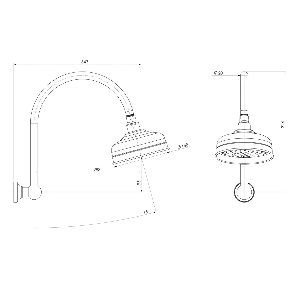 Cromford High Rise Shower Arm Rose  scaled line drawing