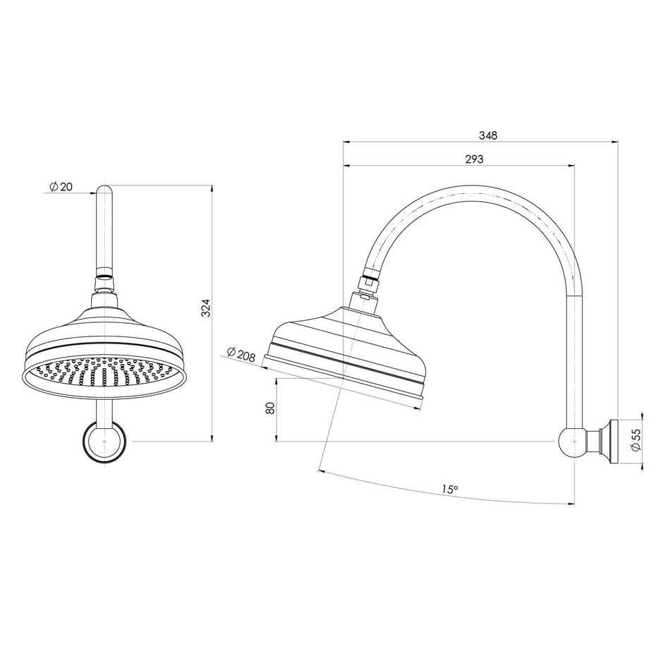 Cromford Shower Arm and Rose 200mm_ 1 line drawing