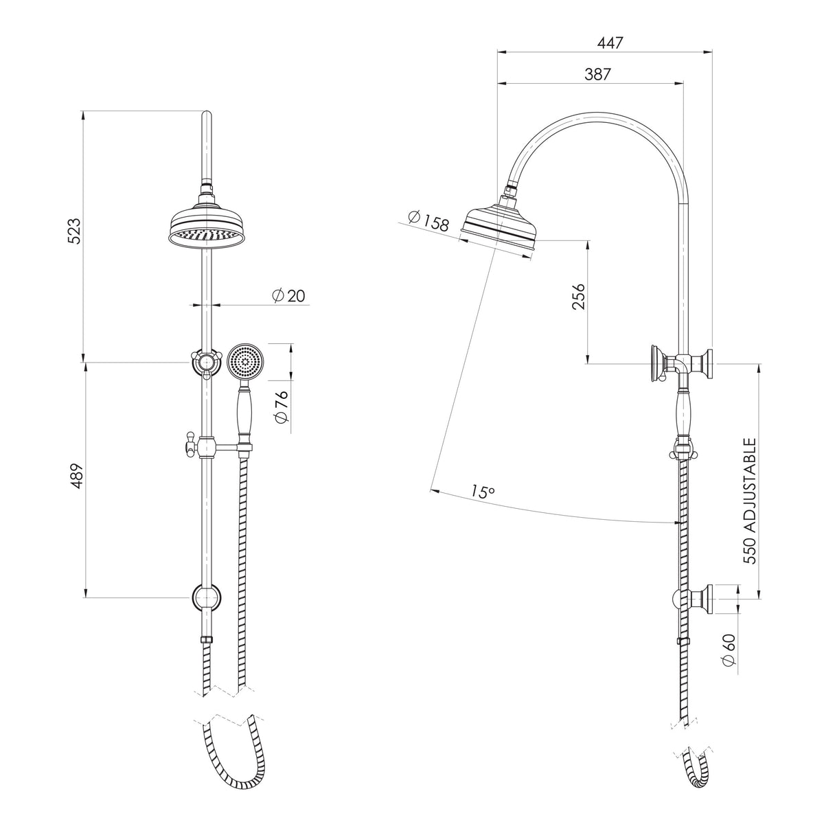 Cromford Twin Shower  scaled line drawing