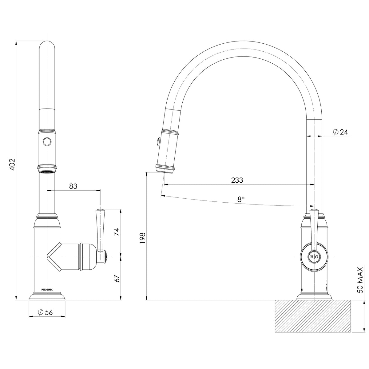 Cromford Pull Out Sink Mixer line drawing