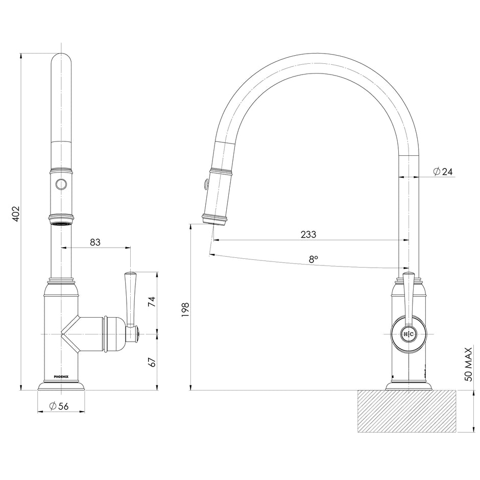 Cromford Pull Out Sink Mixer line drawing