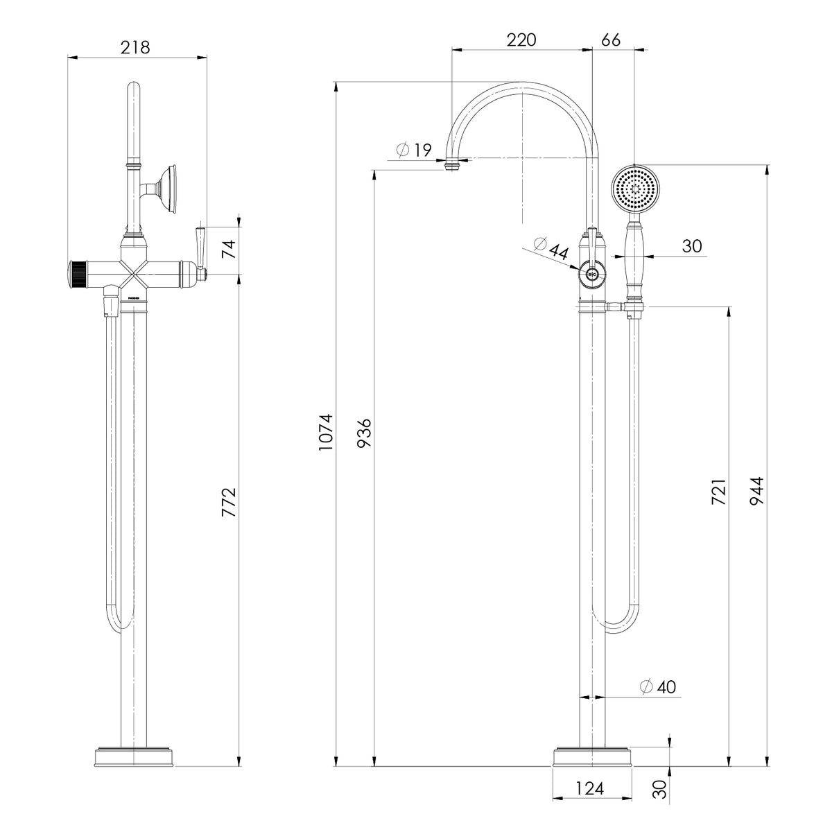 Cromford Floor Mounted Bath Mixer with Hand Shower line drawing