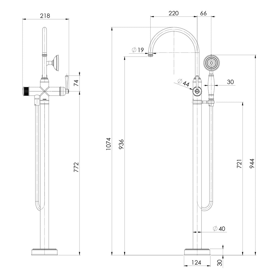 Cromford Floor Mounted Bath Mixer with Hand Shower line drawing