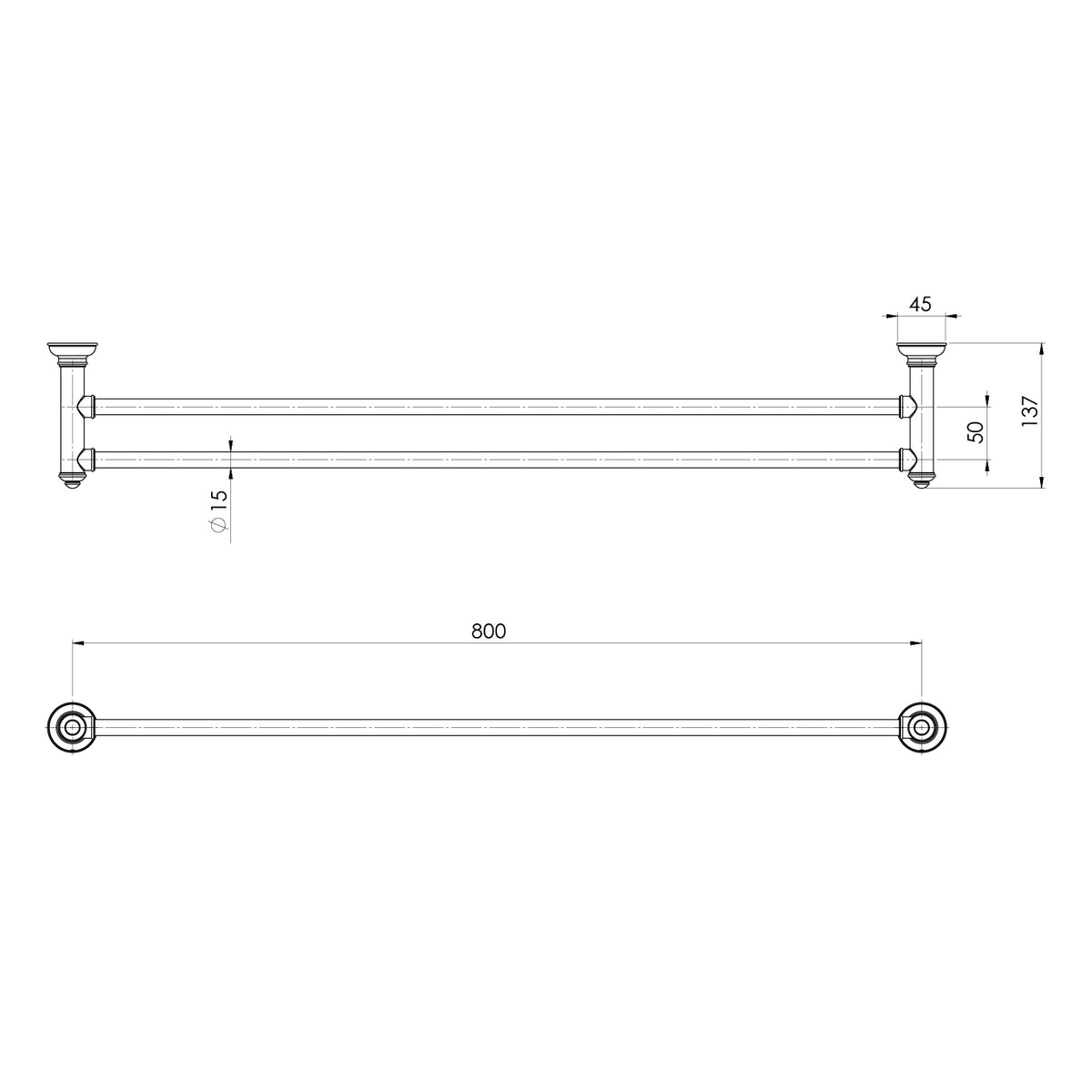 Cromford Double Towel Rail 800mm line drawing