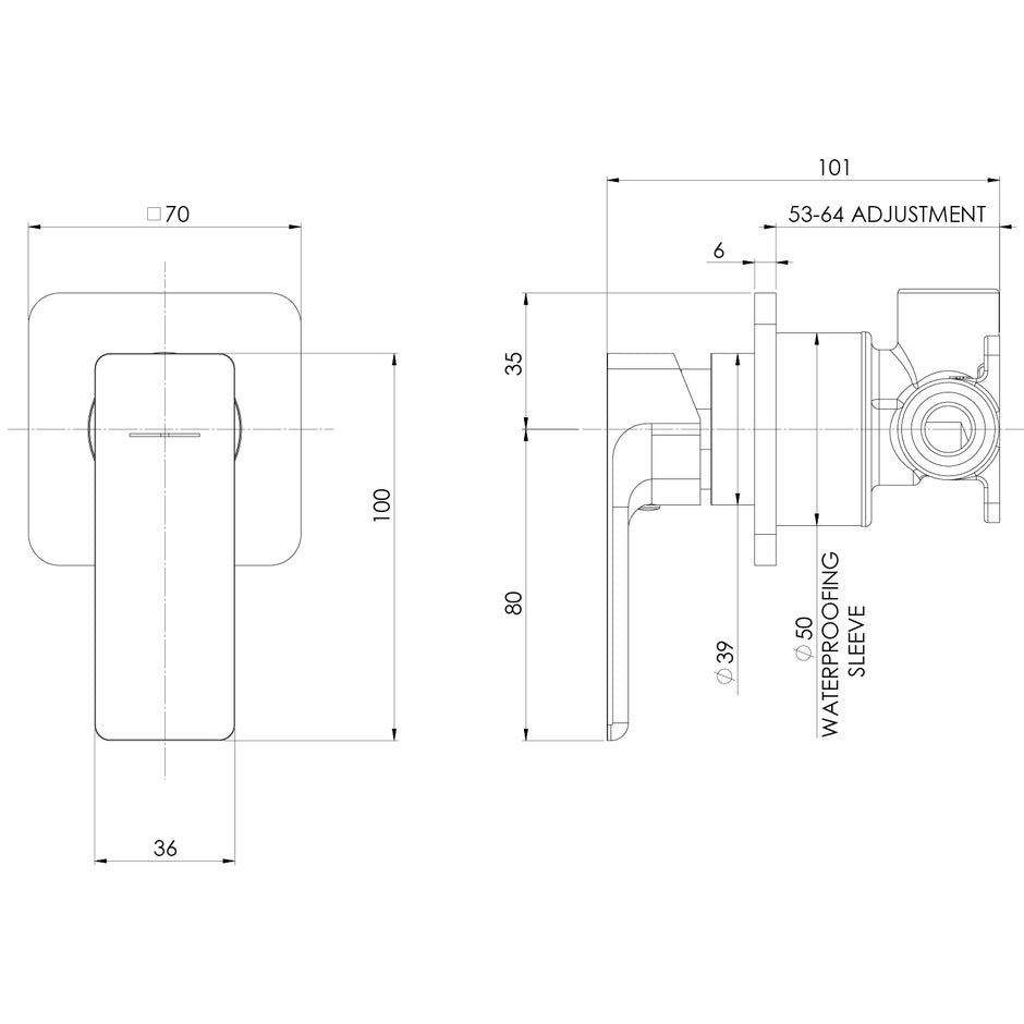Gloss MKII SwitchMix Shower Wall Mixer Fit Off Kit line drawing