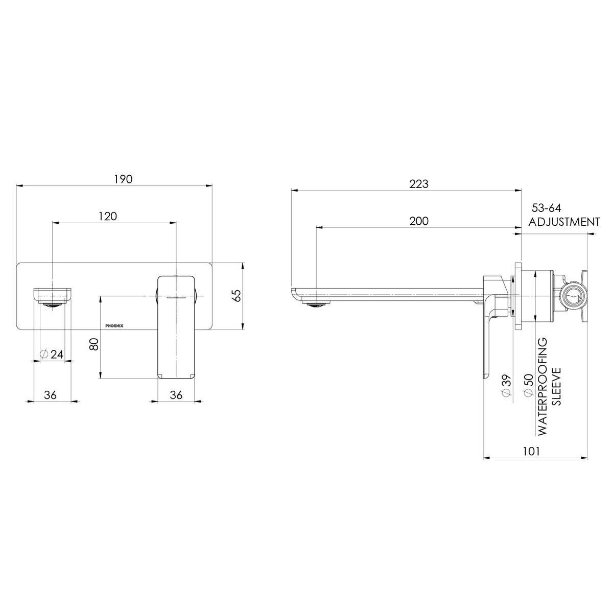 Gloss MKII SwitchMix Wall Basin Bath Mixer Set 180mm Fit Off Kit line drawing