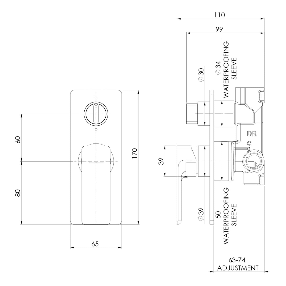 Gloss MKII SwitchMix Shower Bath Diverter Mixer Fit Off Kit line drawing