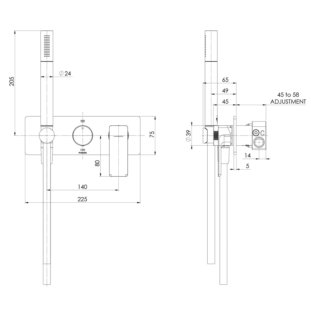 Gloss MKII Wall Shower System line drawing