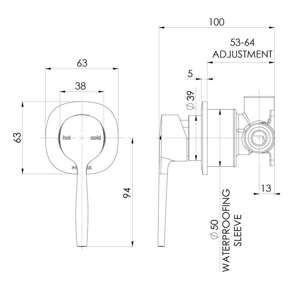 Vask SwitchMix Shower Wall Mixer Fit Off Kit line drawing