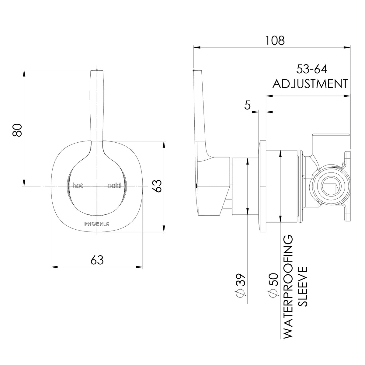 Vask SwitchMix Shower Wall Mixer Pin Up Fit Off Kit line drawing