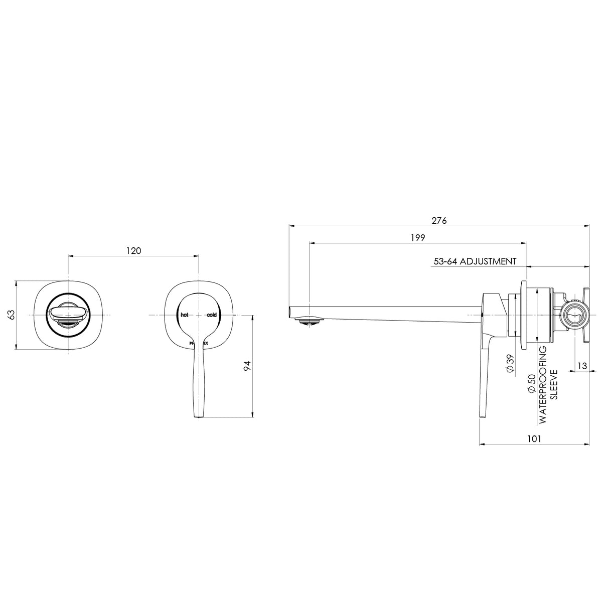 Vask SwitchMix Wall Basin Bath Mixer Set 200mm Fit Off Kit  Updated line drawing