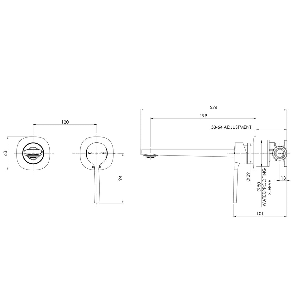 Vask SwitchMix Wall Basin Bath Mixer Set 200mm Fit Off Kit  Updated line drawing