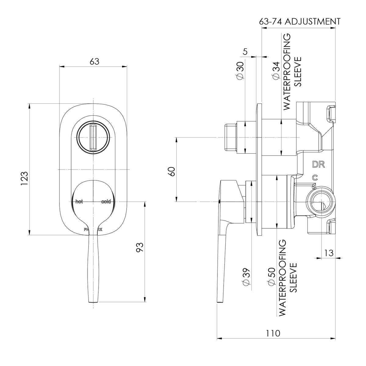 Vask SwitchMix Shower Bath Diverter Mixer Fit Off Kit line drawing