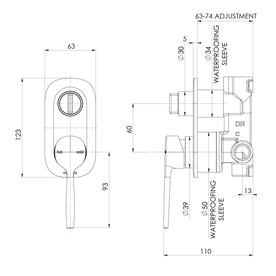 Vask SwitchMix Shower Bath Diverter Mixer Fit Off Kit line drawing