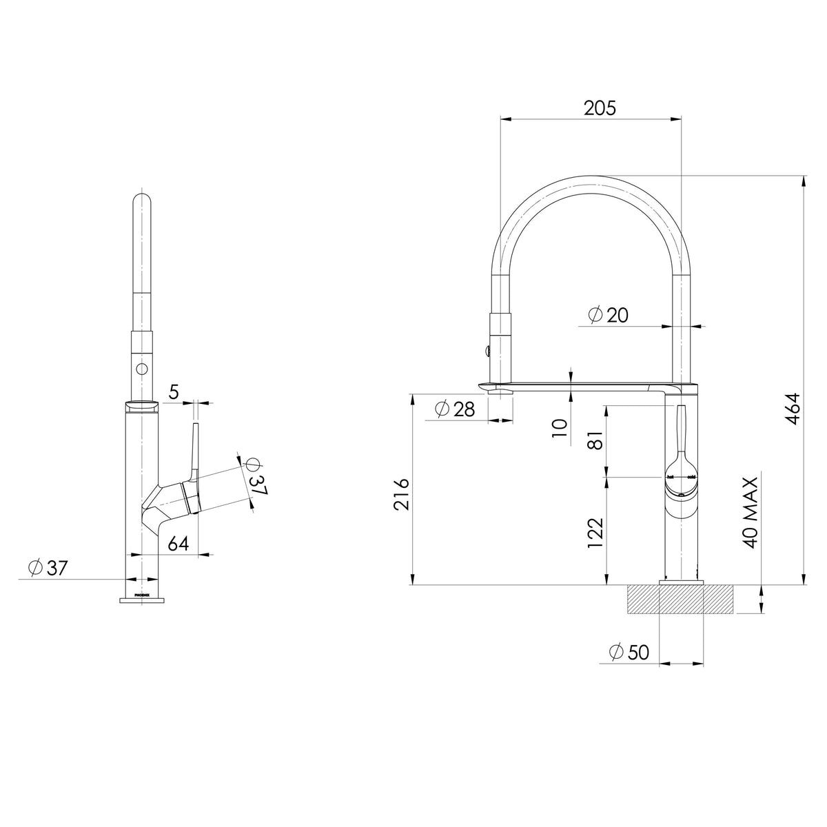 Vask Flexible Hose Multifunction Sink Mixer_ scaled line drawing