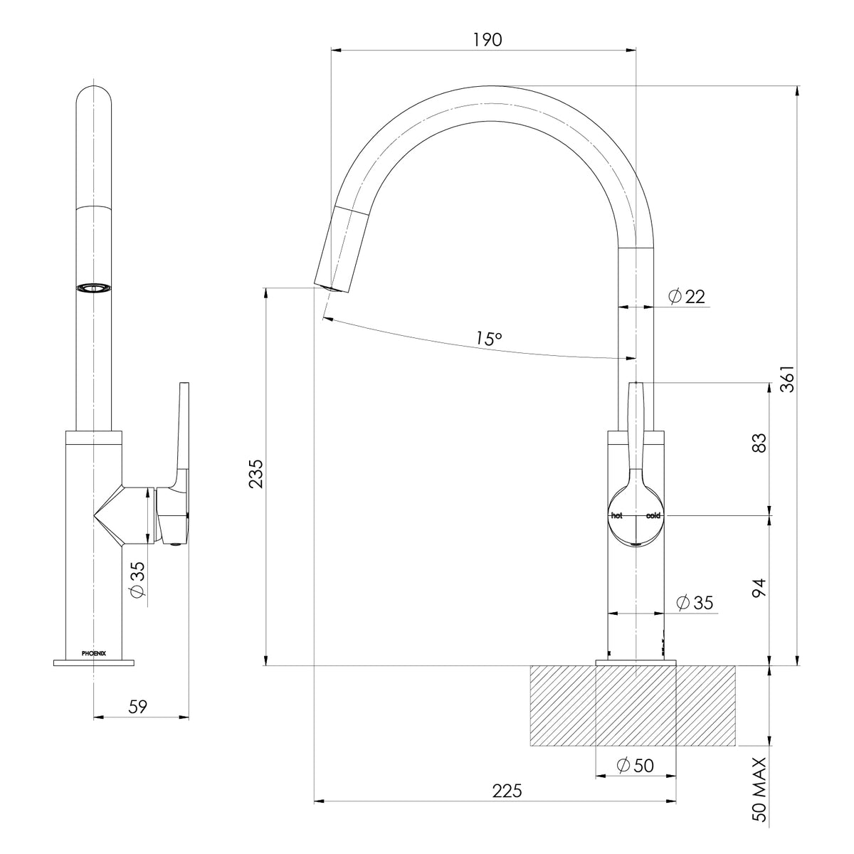 Vask Sink Mixer Gooseneck line drawing